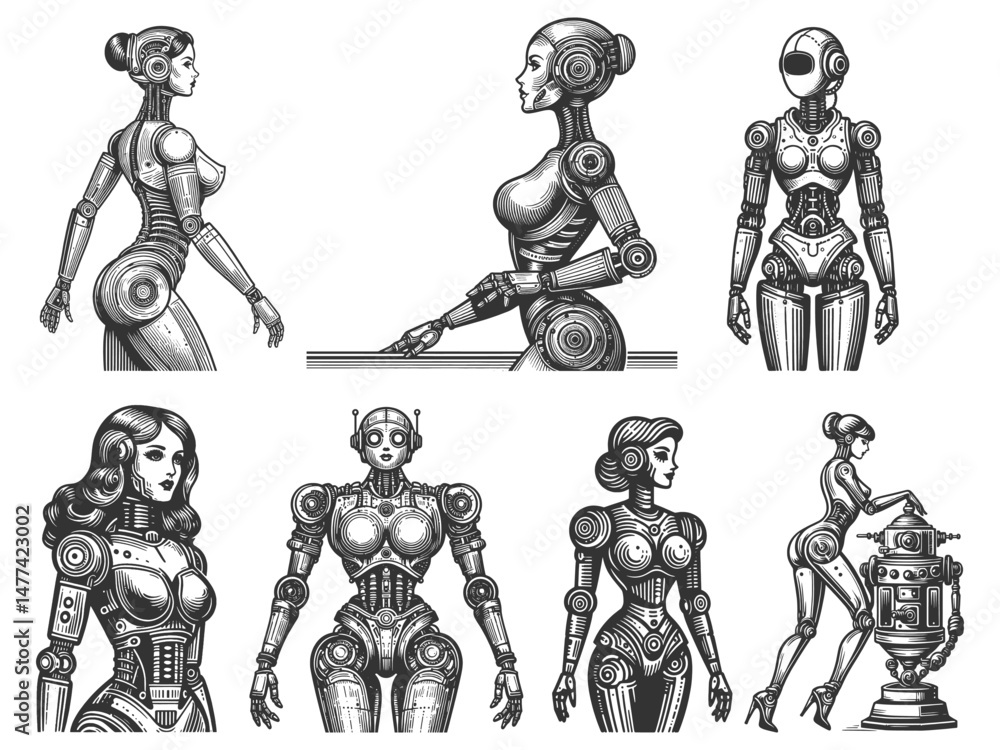 Poster futuristic female robots with mechanical designs, retro sci-fi themes and creative tech concepts set