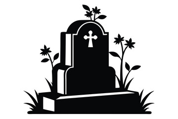 Grave Monument Silhouette with Flowers and Grass, Religious Symbolism, Remembrance and Mourning © pipp99