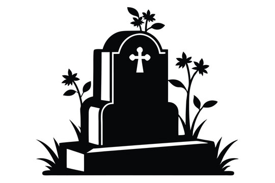Grave Monument Silhouette with Flowers and Grass, Religious Symbolism, Remembrance and Mourning
