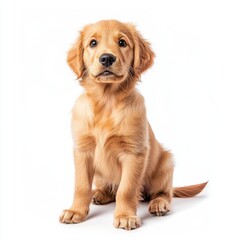 Adorable Golden Retriever Puppy Sitting Portrait Studio Shot Looking at Camera on White Background Cute Young Dog
