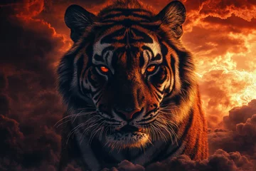 Majestic tiger emerging from fiery clouds with intense gaze © Janja