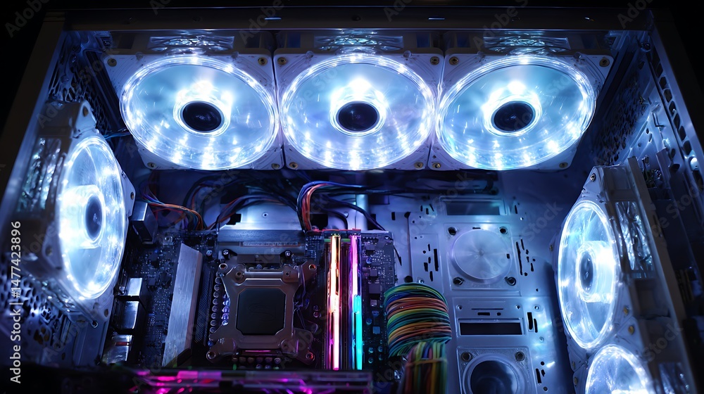 Poster Inside a high performance computer, computer circuit board and cpu cooling fans illuminated by internal leds inside a server class computer