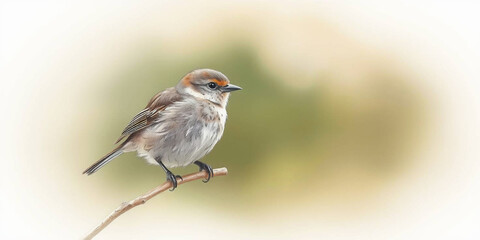 Fototapeta premium a small bird perched on a thin, bare branch. The bird has a smooth, rounded body with soft brown plumage on its back and head, transitioning to a lighter, almost white color on its underbelly