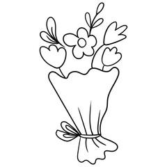 Hand-drawn bouquet of flowers doodle in black and white. Cute line art with simple floral shapes and ribbon. Perfect for greeting cards, coloring pages, posters, and designs.