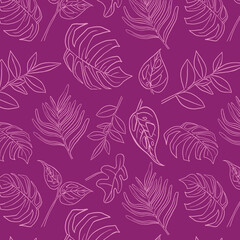 Tropical Monstera Seamless Leaf Pattern. Vector floral background in a trendy minimalistic linear style in pastel colors for printing packaging, fabric, t-shirts, covers, posters