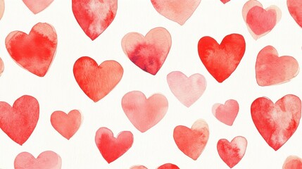 A pattern of various watercolor hearts in shades of red on a white background.