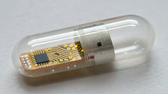 A close-up view of a smart electronic pill capsule with visible microchip and circuitry inside a transparent shell.