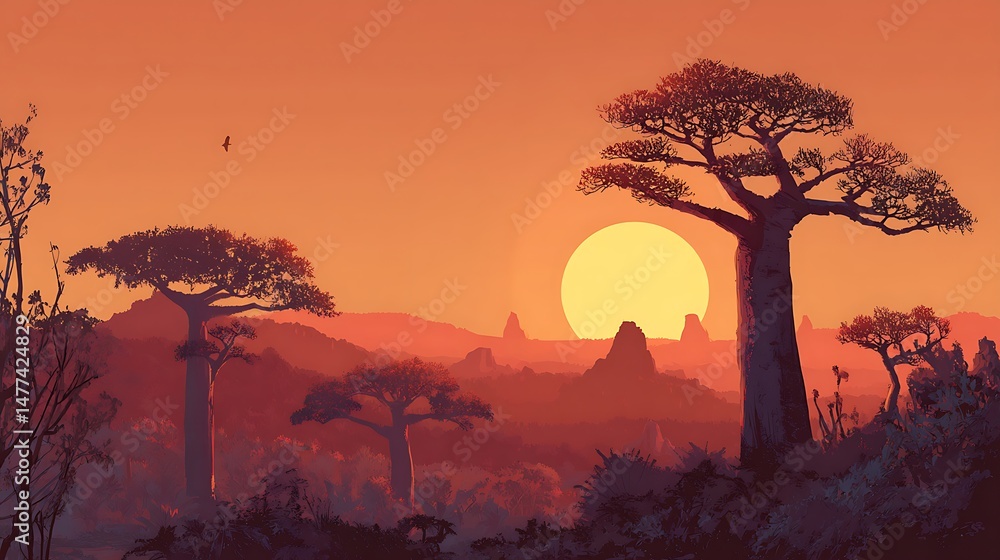 Poster illustration with the sunset in a baobab forest with hills illuminated by the setting sun on the bac
