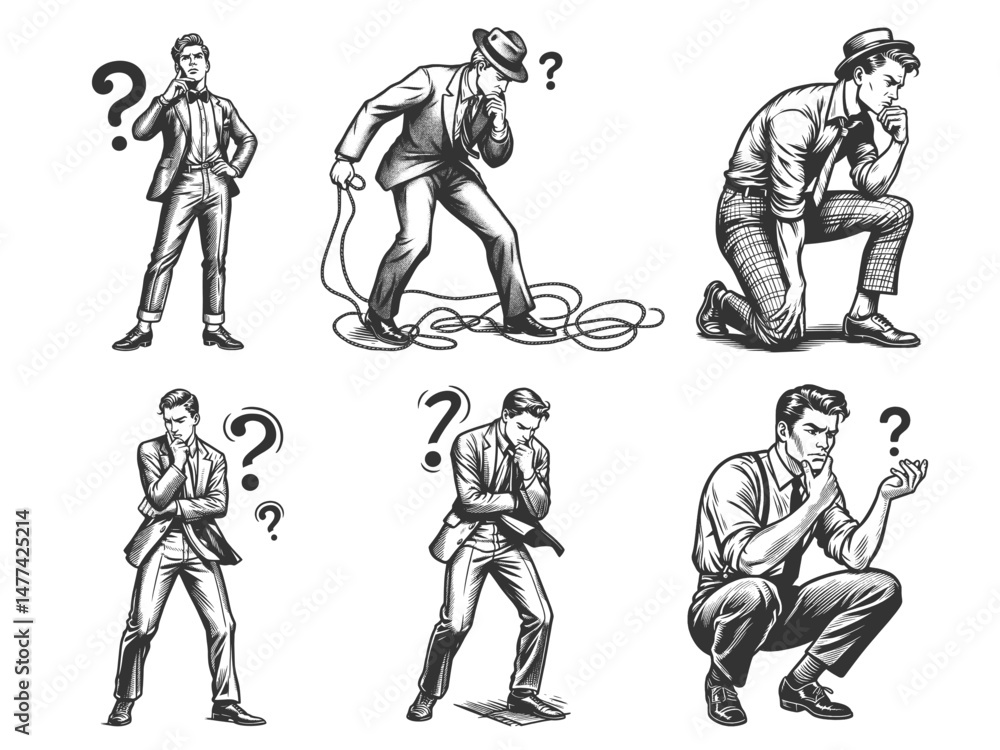 Poster businessman men with puzzled, uncertain, and thoughtful expressions, surrounded by question marks se