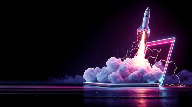 Illustration of rocket taking off from laptop screen