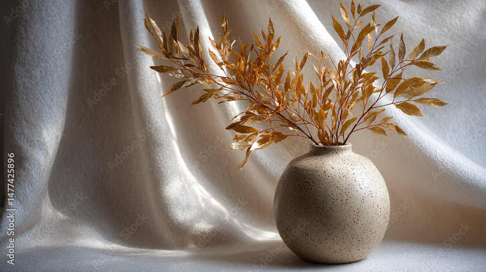 Poster rustic earthenware vase displaying delicate foliage with a soft background signal against a textured
