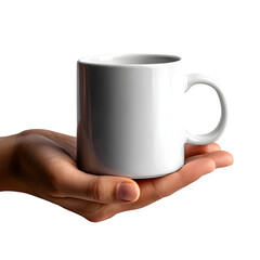 coffee mug, held in hand, on transparent background, realistic product mockup, high-resolution, no shadows, studio lighting, isolated, photorealistic