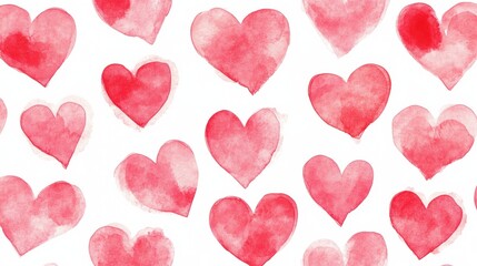 A pattern of various watercolor hearts in shades of red on a white background.