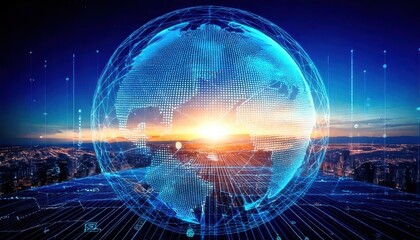 Obraz premium A glowing digital globe overlays a cityscape at sunrise, symbolizing global connectivity and technological advancement.