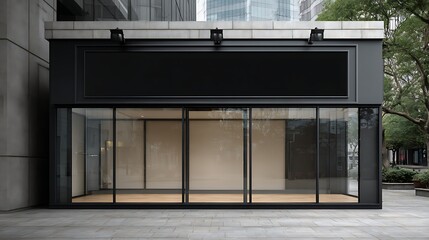 Horizontal black empty signage on clothes shop front with glass windows, website header, creative banner, copyspace image