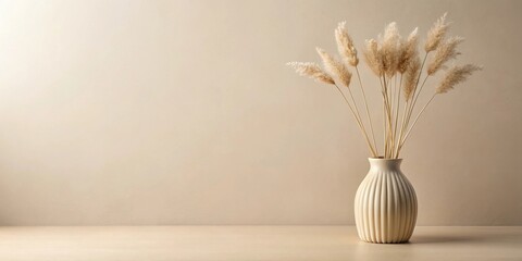 Cream-colored vase with dried beige floral arrangement on a light wooden surface against a neutral background