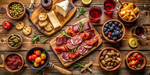 Fototapeta premium A Rustic Tabletop Featuring an Array of Gourmet Appetizers and Drinks for a Festive Gathering