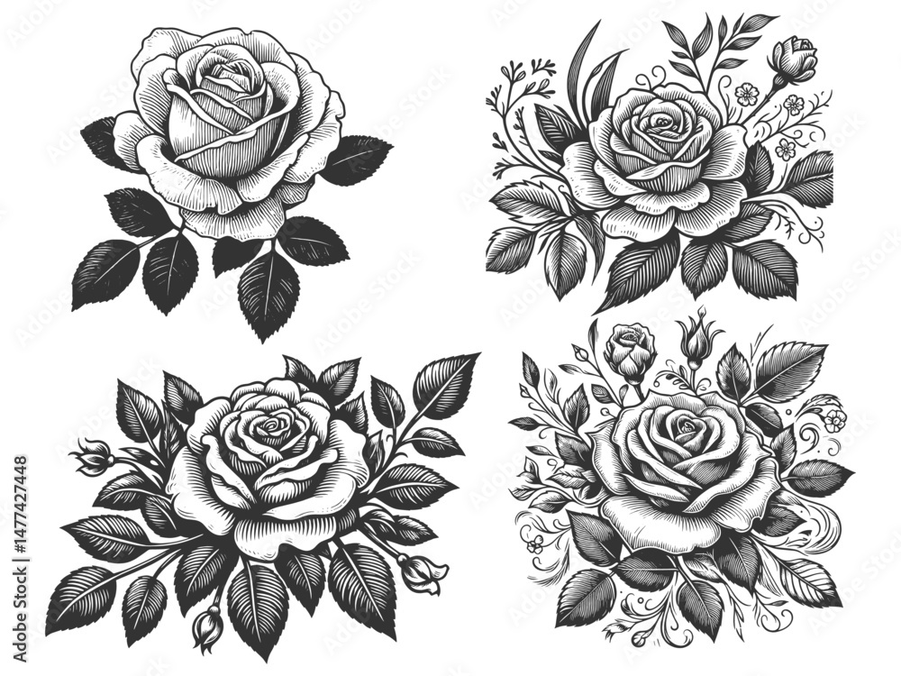 Poster rose flower set collection bundle sketch engraving generative ai vector illustration. scratch board 
