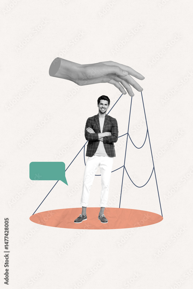 Poster pop banner collage of person stand under hand with internet web speech bubble