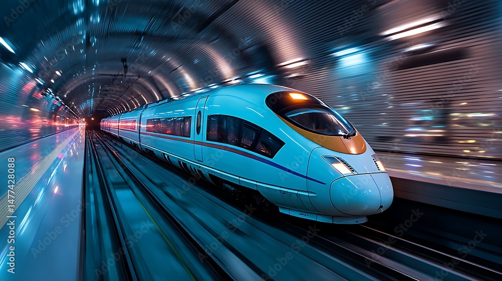 Poster high, speed futuristic train rushing at high speed in a tunnel with bright lights