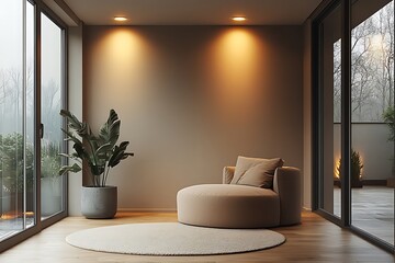 Fototapeta premium Cozy evening in a modern living room with round sofa