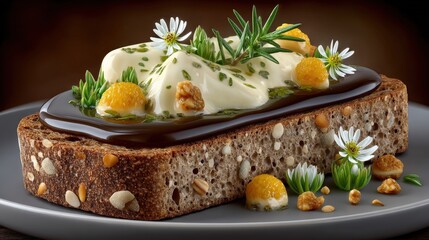 Exquisite gourmet toast topped with creamy dressing, delicate herbs, floral accents, and vibrant citrus fruits captures an artful culinary creation that delights in taste and presentation