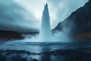 A powerful geyser erupts with a towering plume of water and steam