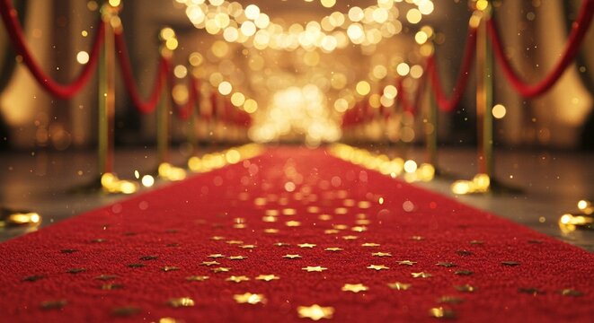 Elegant red carpet event with star confetti, ropes, and sparkling lights create a glamorous and festive atmosphere.