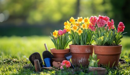 Vibrant Spring Flowers in Terracotta Pots, Gardening Tools