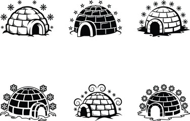 Modern igloo surrounded by snowflake silhouette vector illustration, igloo surrounded by snowflake line art vector, igloo surrounded by snowflake vector icon set