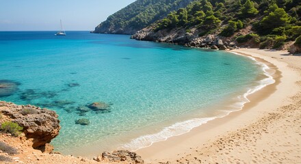 Fototapeta premium Beautiful Beach with Turquoise Water and Green Mountain