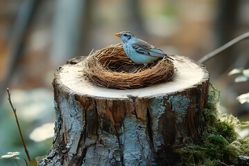 A blue bird perched on a nest atop a weathered tree stump