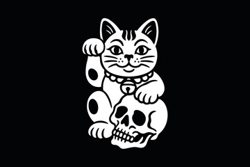 Lucky cat with skull dark background ink style vector