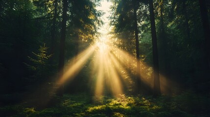 Naklejka premium Dramatic morning sunlight piercing through tall pine trees in a misty serene forest creating long atmospheric shadows on the ground with copy space included
