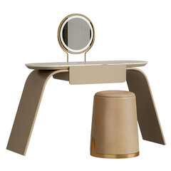 A vanity with a mirror and a stool