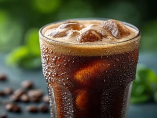 Refreshing Glass of Cold Brew Coffee with Ice Against Natural Green Background