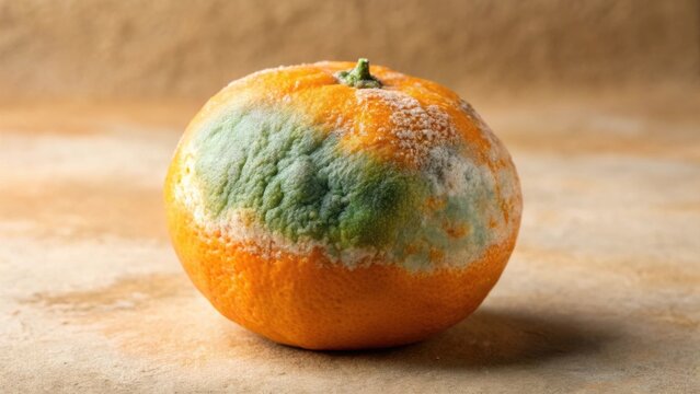 A Spoiled Citrus Fruit Showing Signs of Decay and Mold Growth on a Neutral Background