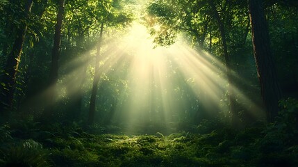 Enchanted forest scene at sunrise with golden beams of light breaking through the tree branches highlighting the morning mist and creating a dreamy magical atmosphere