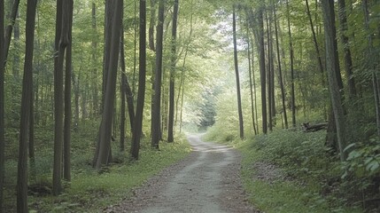 Obraz premium Sunlit path winding through a verdant forest