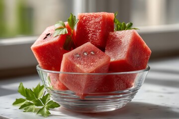 Fresh Watermelon Cubes in Glass Bowl with Green Herbs and Natural Light Background