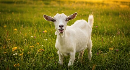 Obraz premium Goat Standing in a Meadow of Wildflowers in Summer
