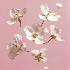 The image features a serene pink background with cherry blossoms in various stages of blooming, some with petals still attached and others detached.