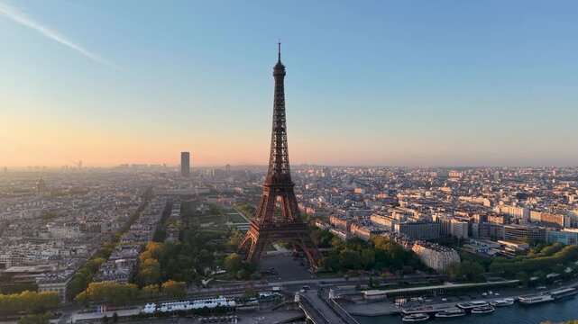 Aerial view of Tour Eiffel Tower and Seine River bridge and historical city center. Famous touristic landmark, Paris. France