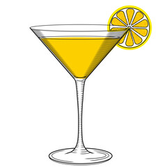 Limoncello cocktail in martini glass vector color illustration in sketch style. Summer italian citrus liqueur with fruit slice hand drawn for bar and menu. Mediterranean traditional aperitif.