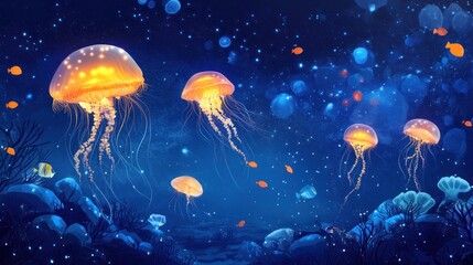Glowing jellyfish swim in a dark, starry ocean
