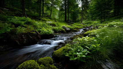 Serene forest stream flowing over john rock amidst profuse greenery.