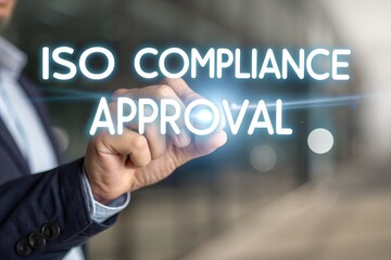 ISO certification approval concept. A person highlighting ISO certification process with a glowing check mark. global standards and quality assurance in business management and operations. iso 9001