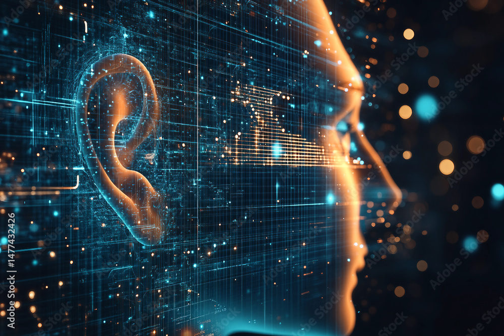 Poster generative ai concept image of sound waves acoustic signals flowing through digital wireframe portra