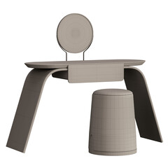 A desk with a mirror and a stool