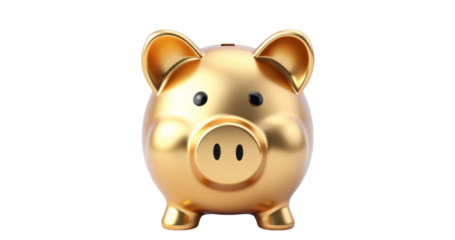 Golden Piggy Bank on transparent background, isolate for Financial Savings and Budgeting Concepts
